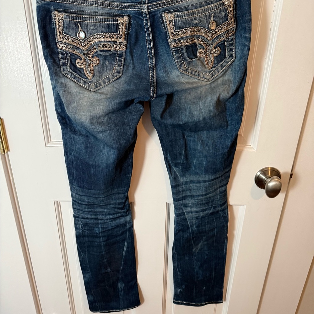 Rock Revival Dark Blue Skinny Jeans with Embellished Pockets